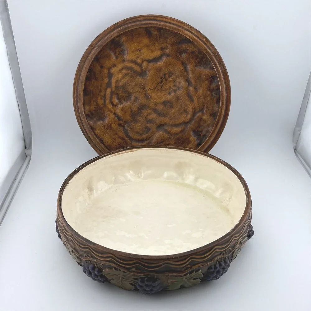 Vintage 1968 Arnels Ceramic Grapes Vines Lidded Dish Brown‎ Purple Rustic MCM